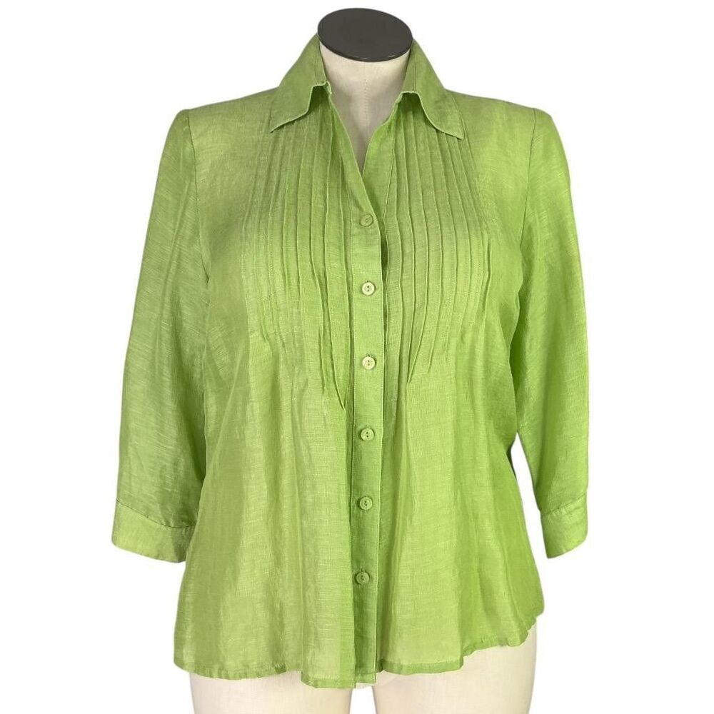 Coldwater Creek Top Women 1X Green Linen Silk Pleated 3/4 Sleeve Button Up Shirt - Picture 1 of 7